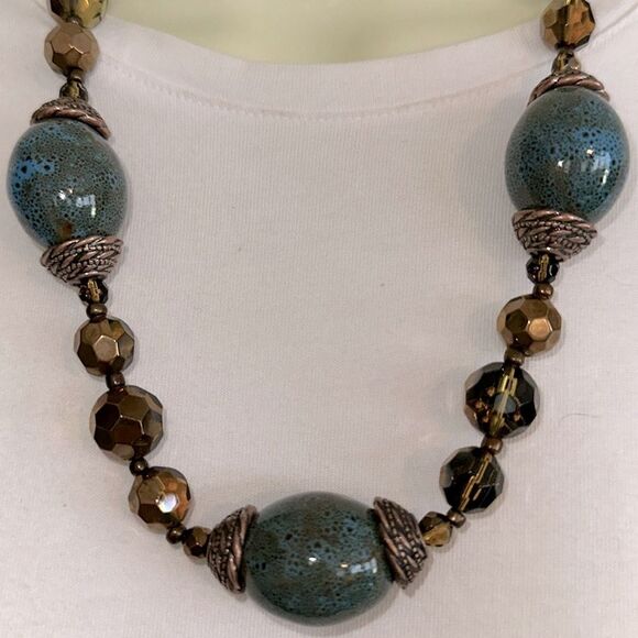 Premier Designs Brown & Dark Turquoise Large Chunky Beaded Necklace - Picture 2 of 4